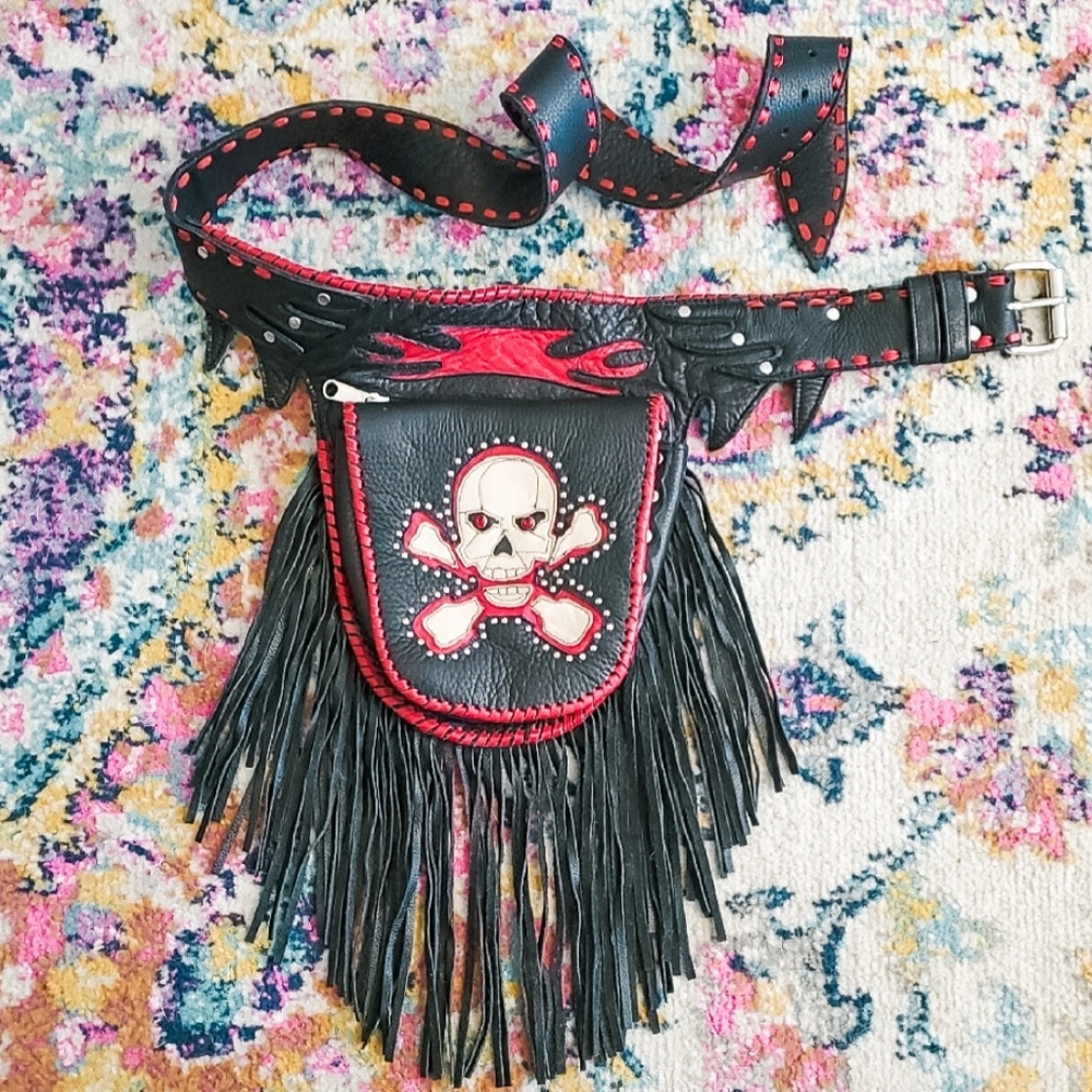 Fringe Genuine Black Leather Skull & Cross Bones Belt Bag